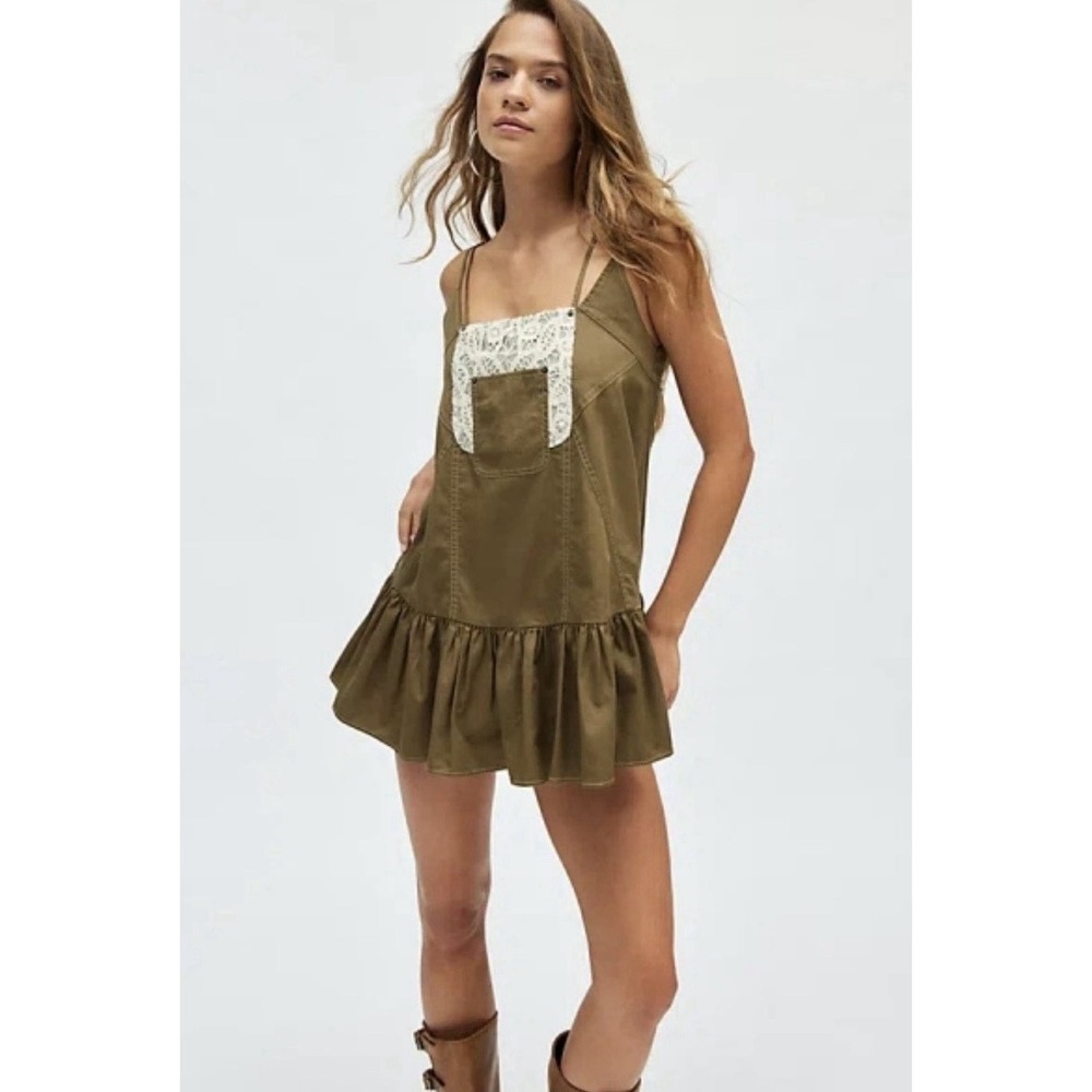 BDG Urban Outfitters Allison Utility Drop Waist Mini Dress Olive Green Sz L $89